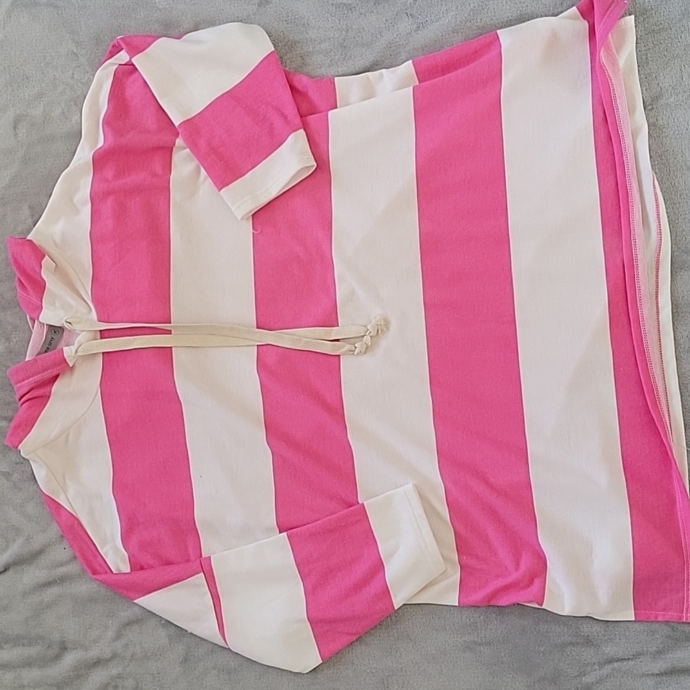 Pink and Off-White Striped Hooded Tunic NEW Sz XL